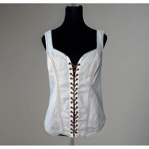 GUESS Sexy Corset Tank Top Sz L Railroad Stripe Denim Side Zip Concert Party